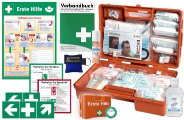 Erste-Hilfe-Koffer M5 PLUS für Betriebe nach aktueller DIN/EN 13157 & DIN/EN 13164 für KFZ - Komplett-Paket inkl. Notfallbeatmungshilfe + Hygiene-Gel + Verbandbuch + Aushang + Sprühpflaster